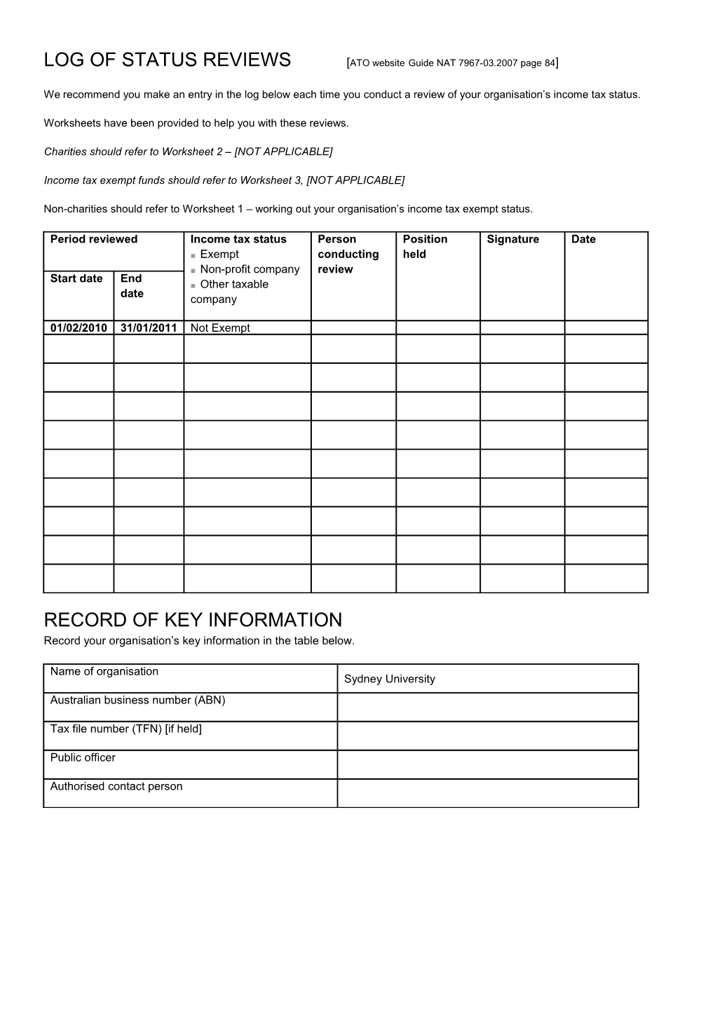 LOG of STATUS REVIEWS ATO Websiteguide NAT 7967-03.2007 Page 84