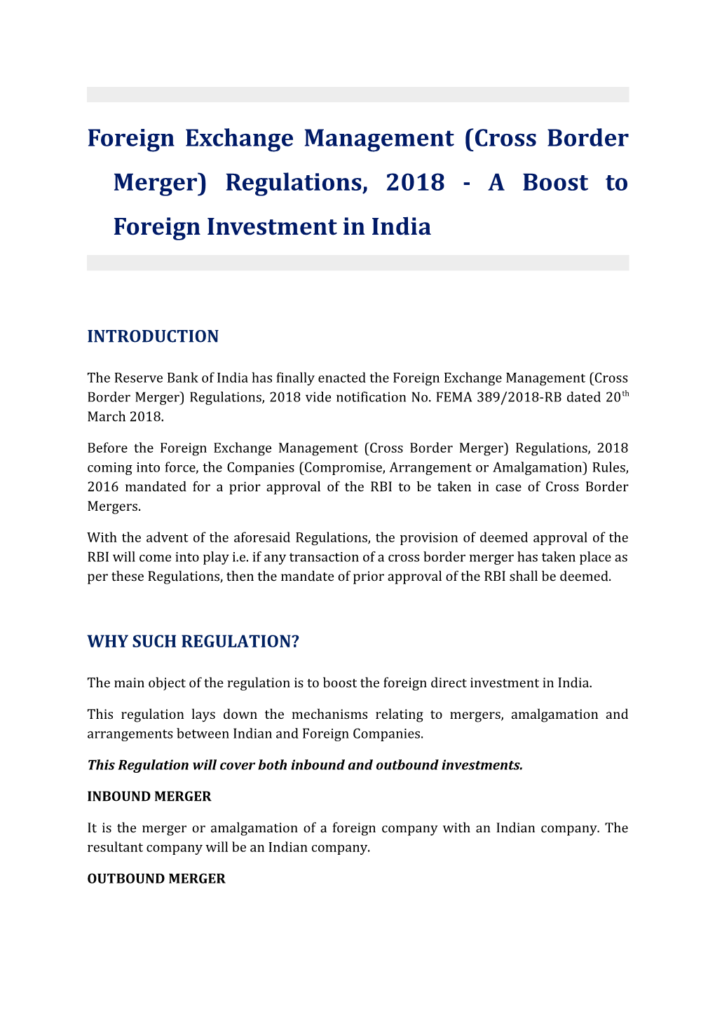 Foreign Exchange Management (Cross Border Merger) Regulations, 2018- a Boost to Foreign