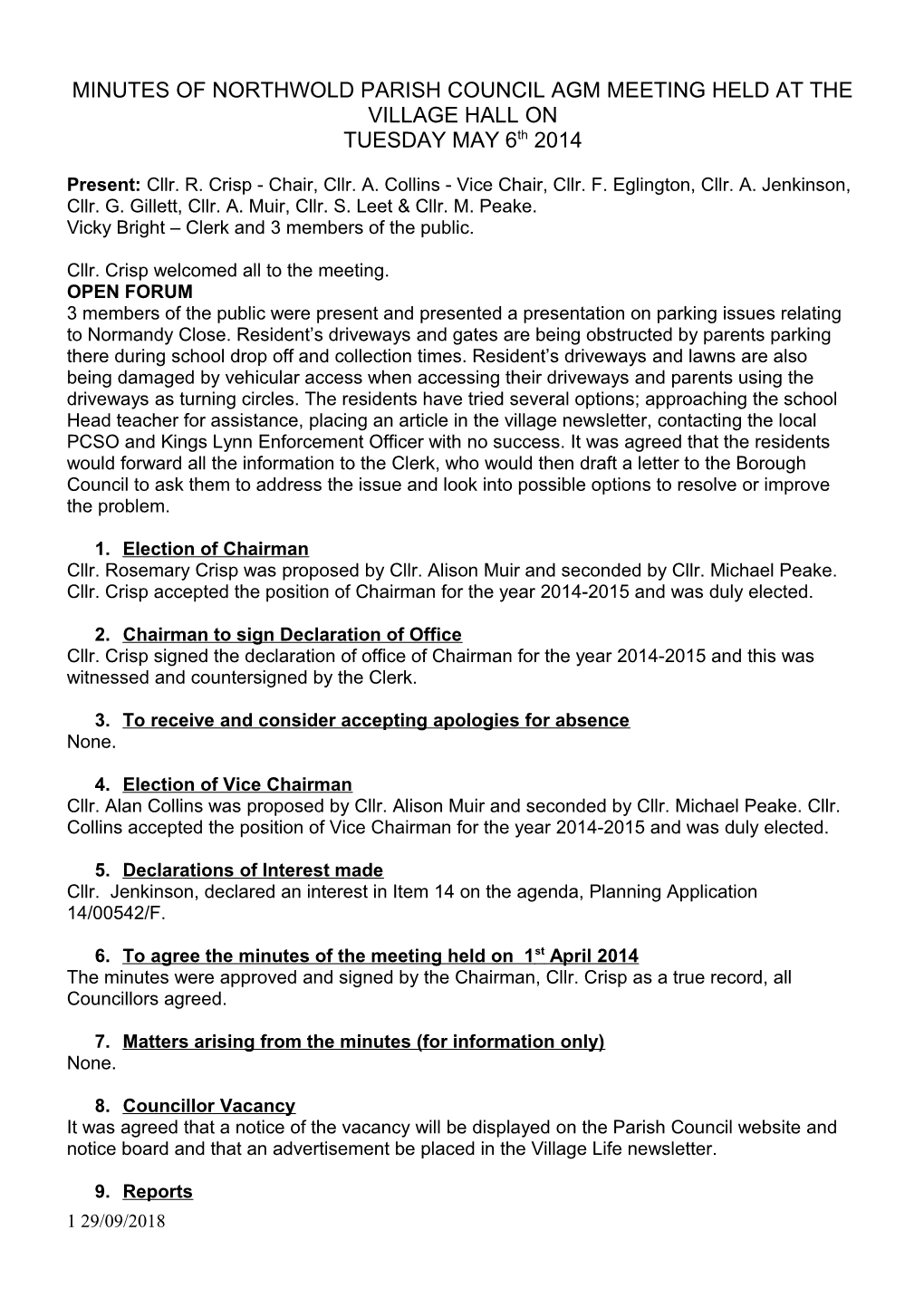 Minutes of Northwold Parish Council Meeting Held at the Village Hall