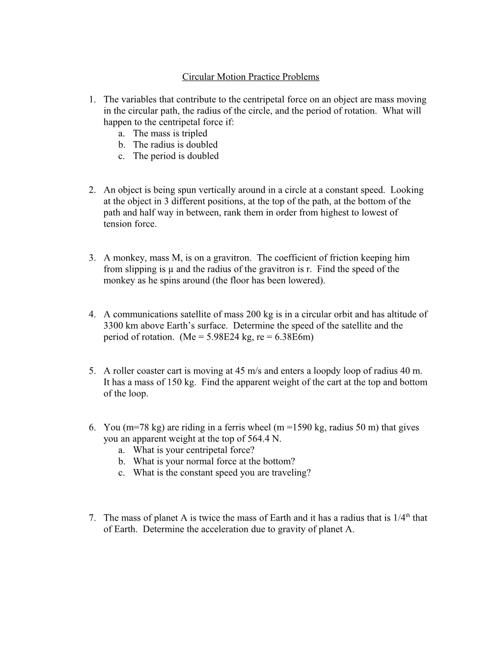 Circular Motion Practice Problems