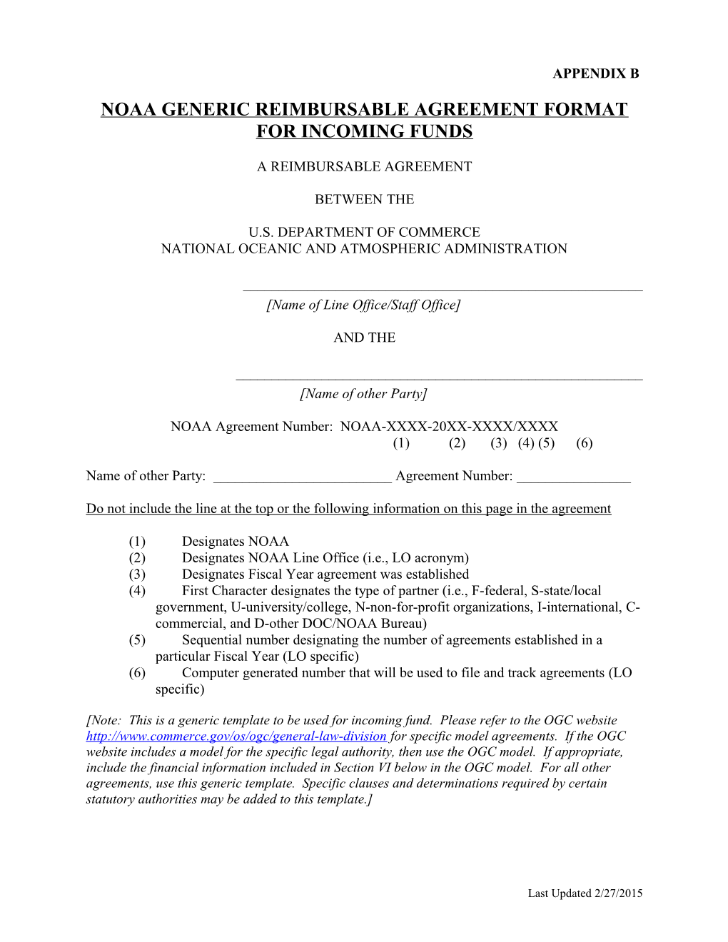 Noaa Generic Reimbursable Agreement Format for Incoming Funds