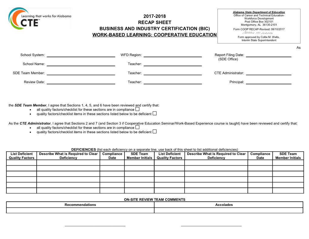 Work-Based Learning BIC Document 2017-2018