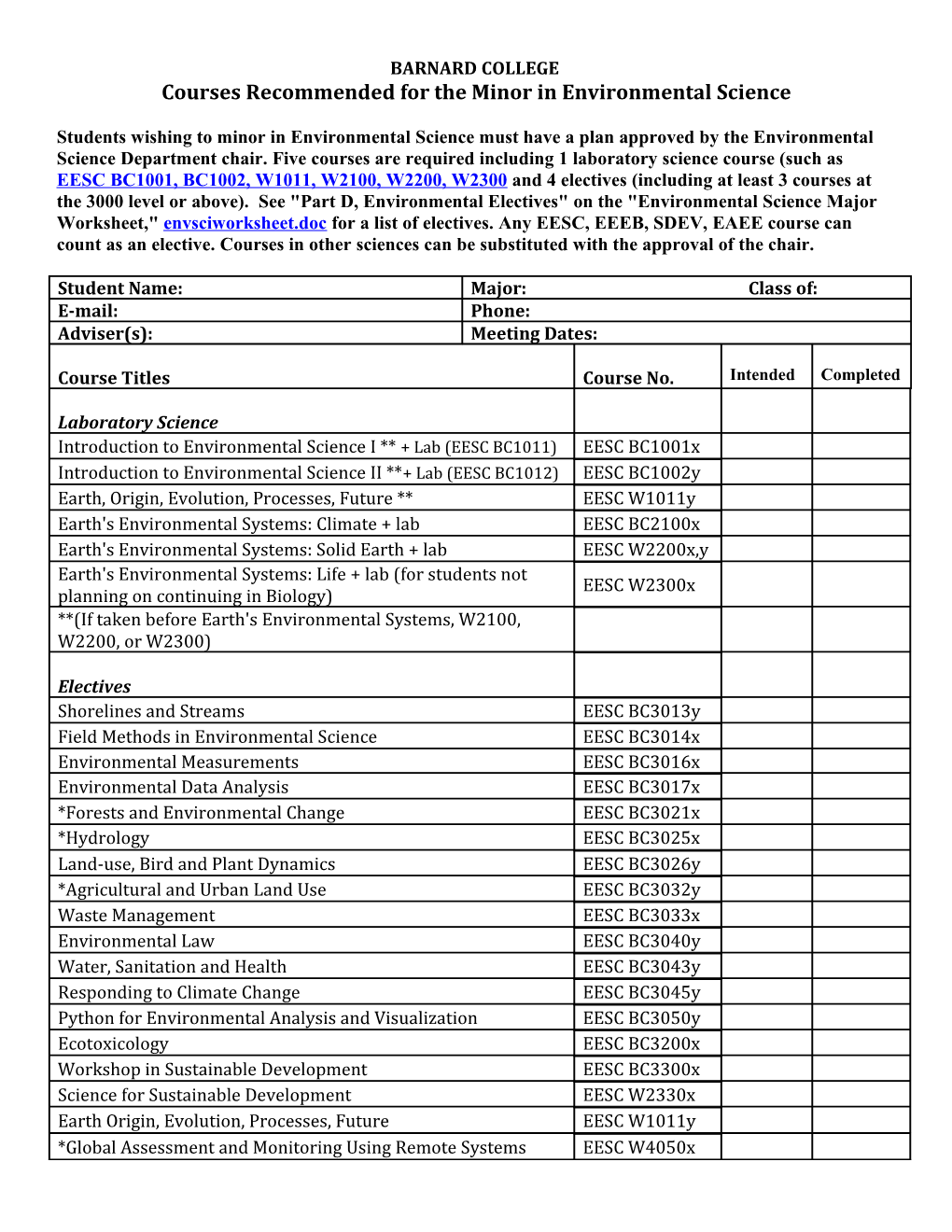 BARNARD COLLEGE Courses Recommended for the Minor in Environmental Science