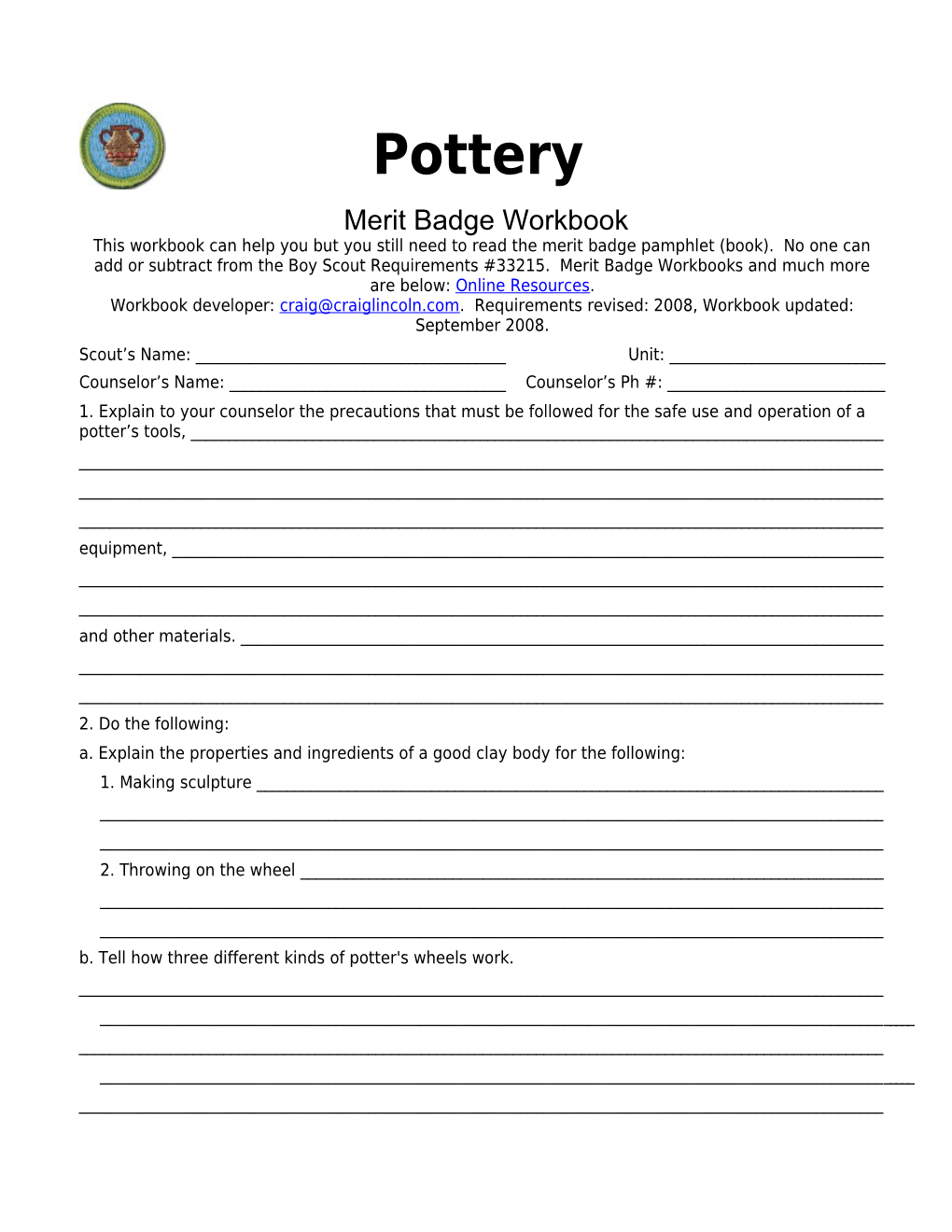 Pottery P. 1 Merit Badge Workbook Scout's Name: ______