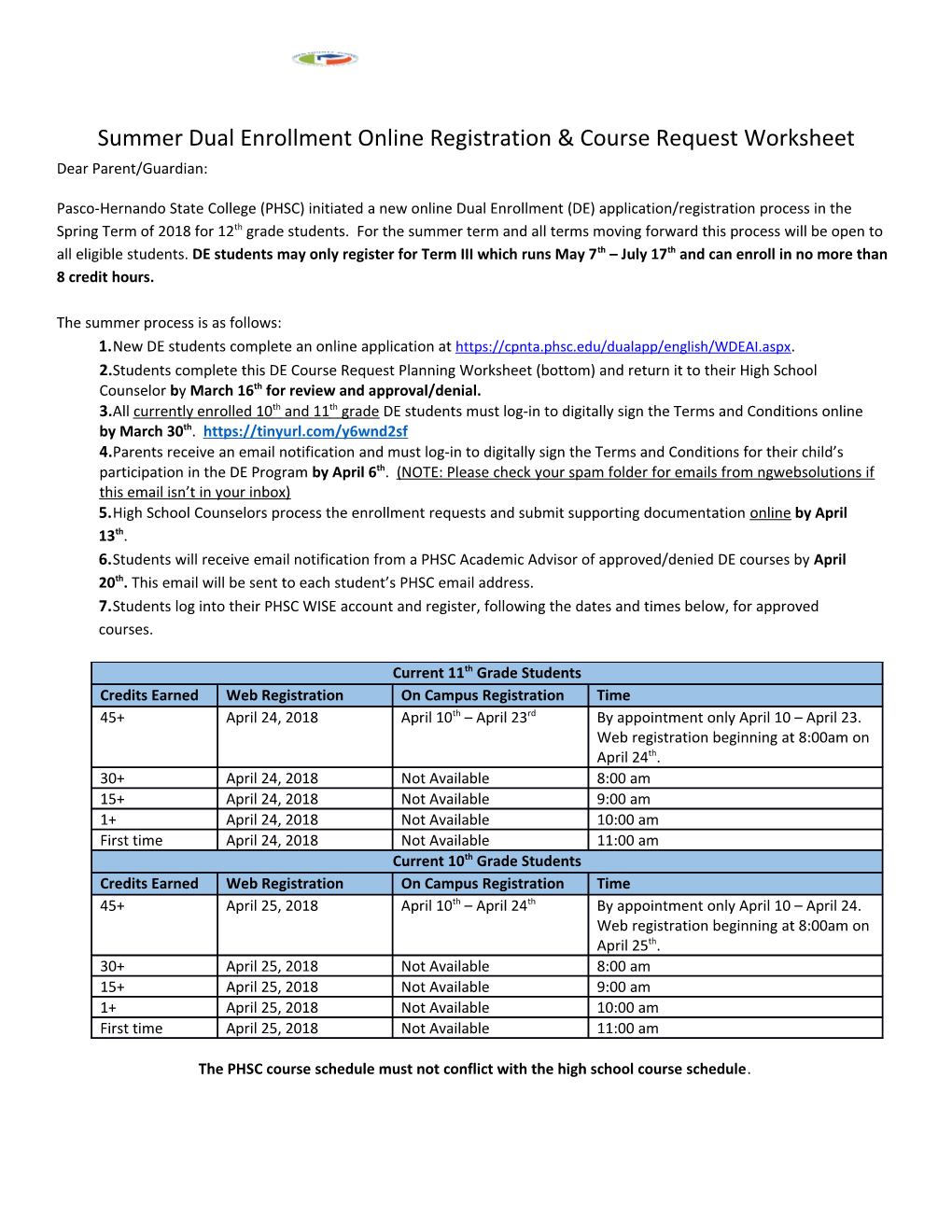 Summer Dual Enrollment Online Registration & Course Request Worksheet