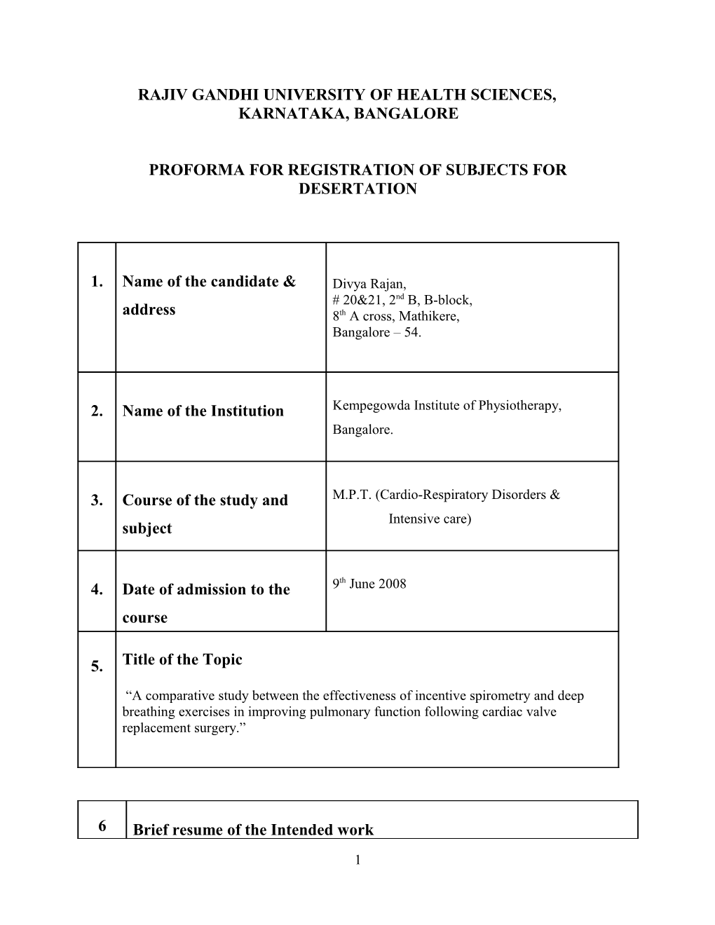 Proforma for Registrationof Subjects For