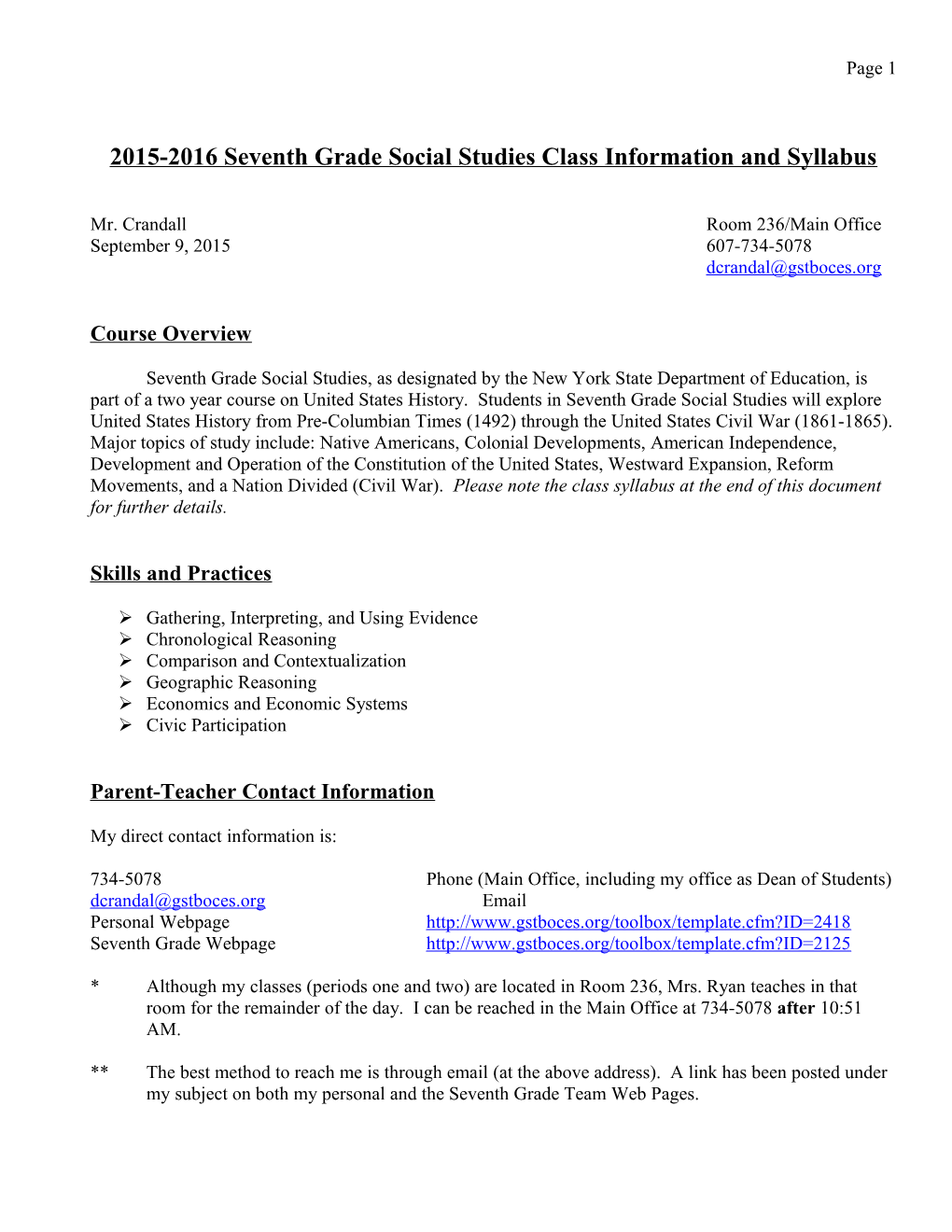 2015-2016 Seventh Grade Social Studies Class Information and Syllabus