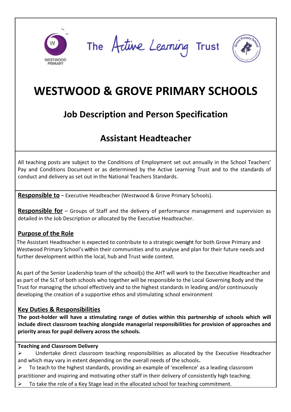 Person Specification for Assistant Headteacher