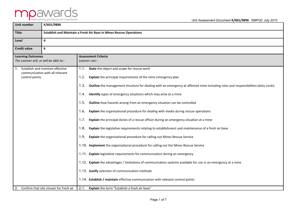 Unit Assessment Document K/601/9896 MPQC July 2010