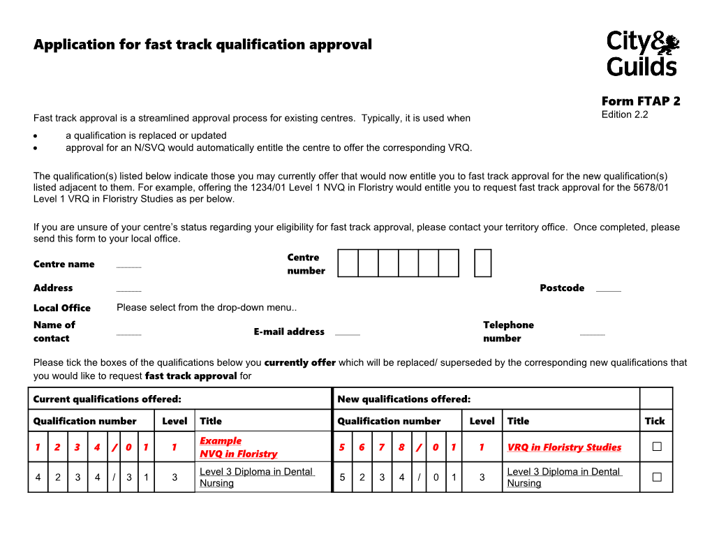 Fast Track Form FTAP 2