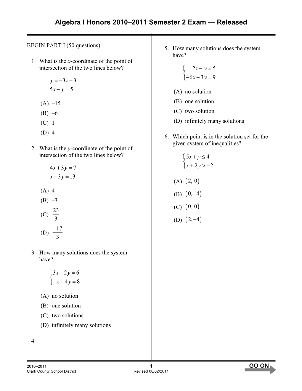 Algebra Ihonors 2010 2011 Semester 2 Exam Released