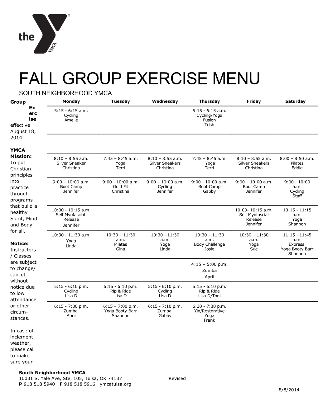 Fall Group Exercise Menu