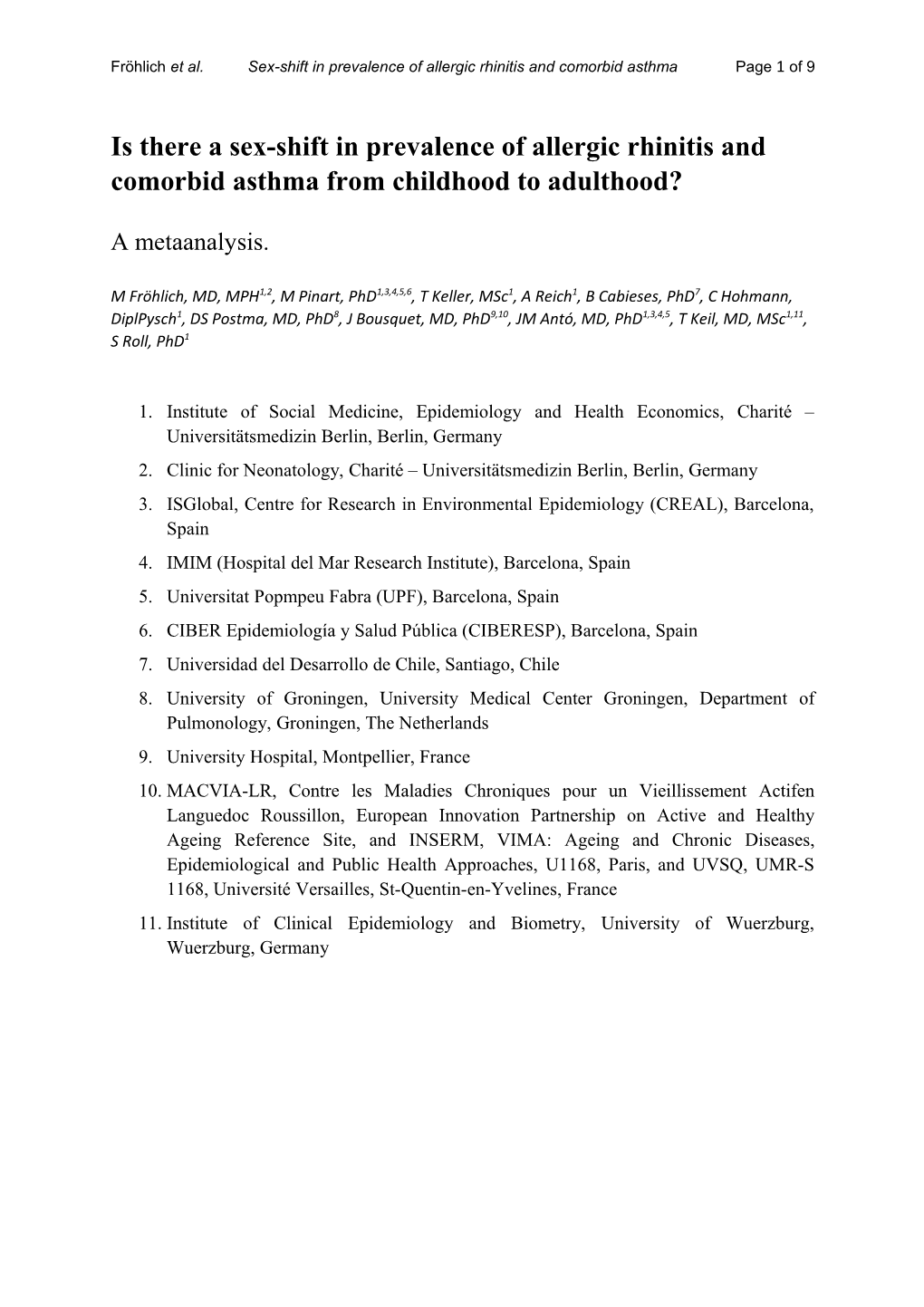 Fröhlich Et Al. Sex-Shift in Prevalence of Allergic Rhinitis and Comorbid Asthma Page 1 of 9