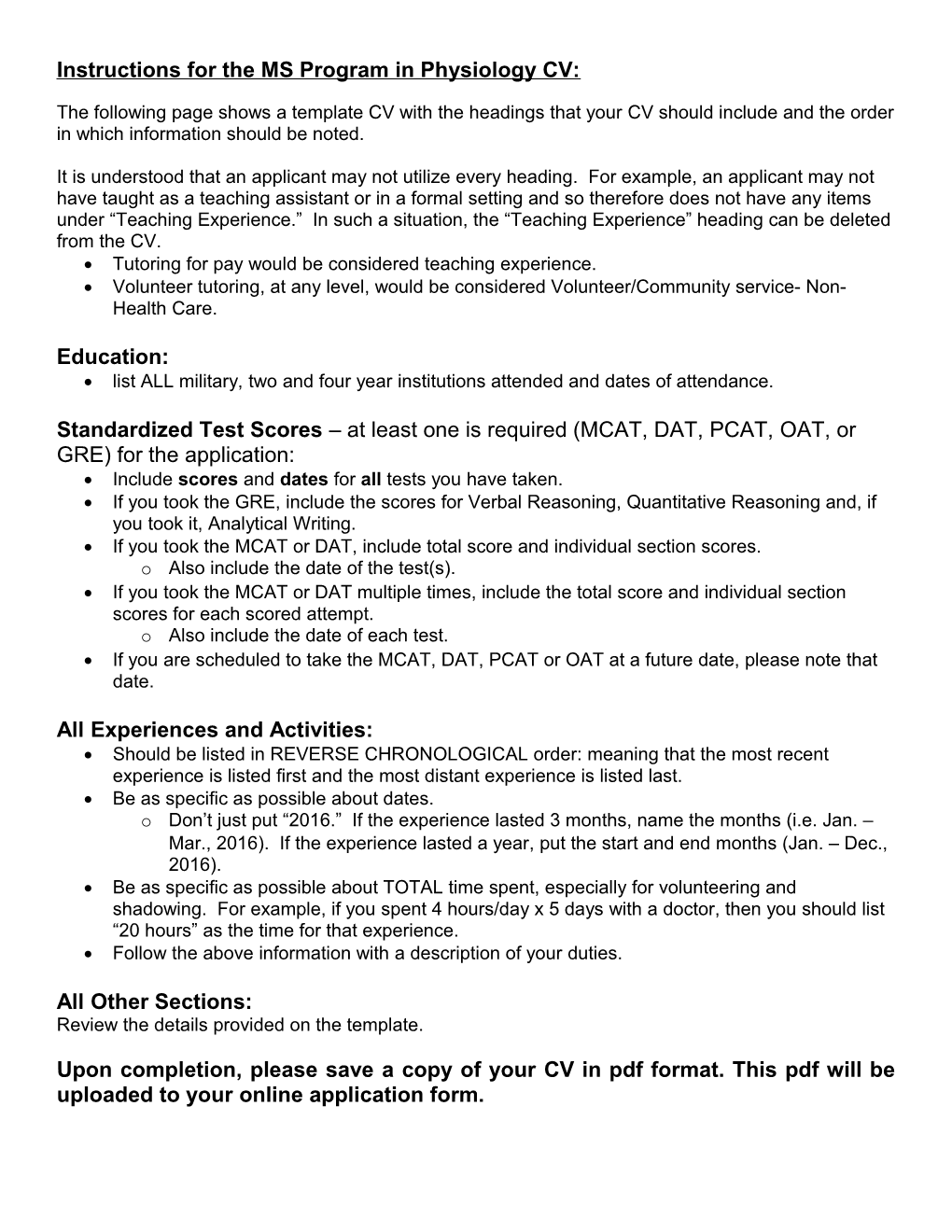 Instructions for the MS Program in Physiology CV