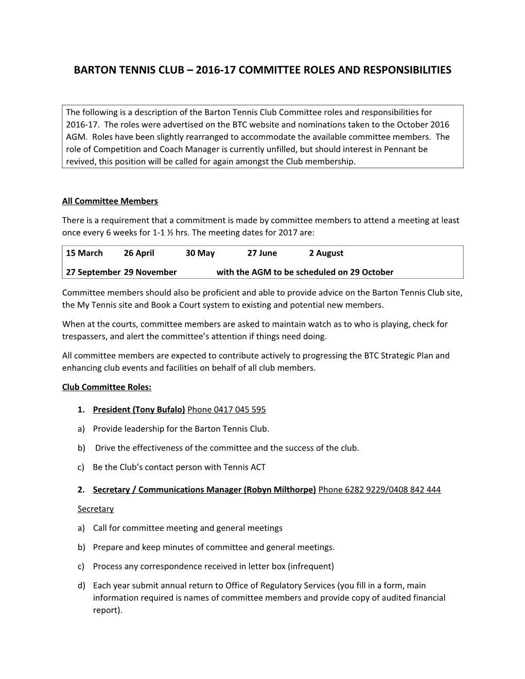 Barton Tennis Club 2016-17 Committee Roles and Responsibilities