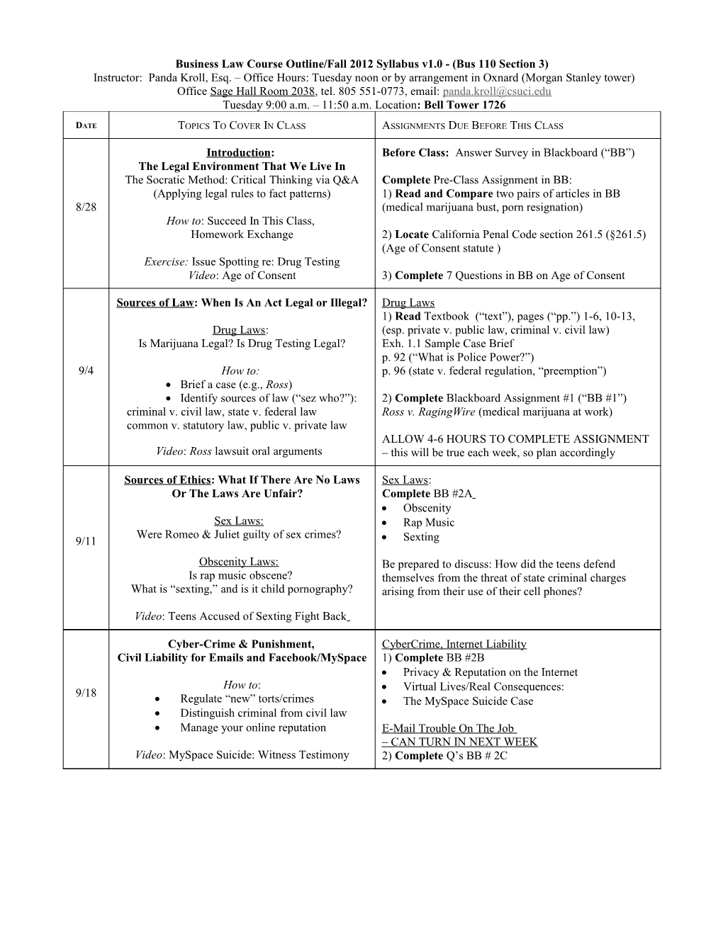 Business Law Course Outline, Fall 2008 (Bus 110 Sections 1 and 2) Syllabus Version 1