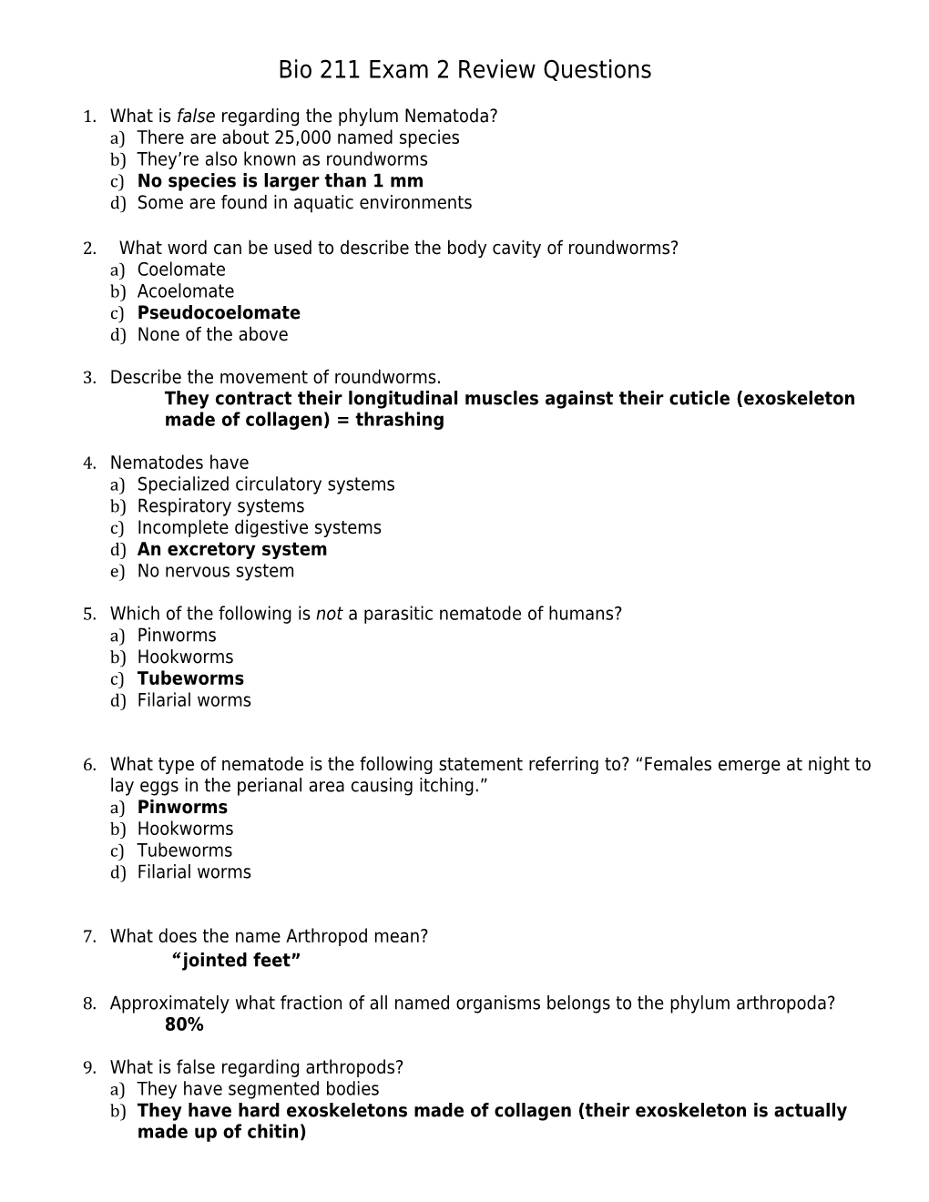 Bio 211 Exam 2 Review Questions