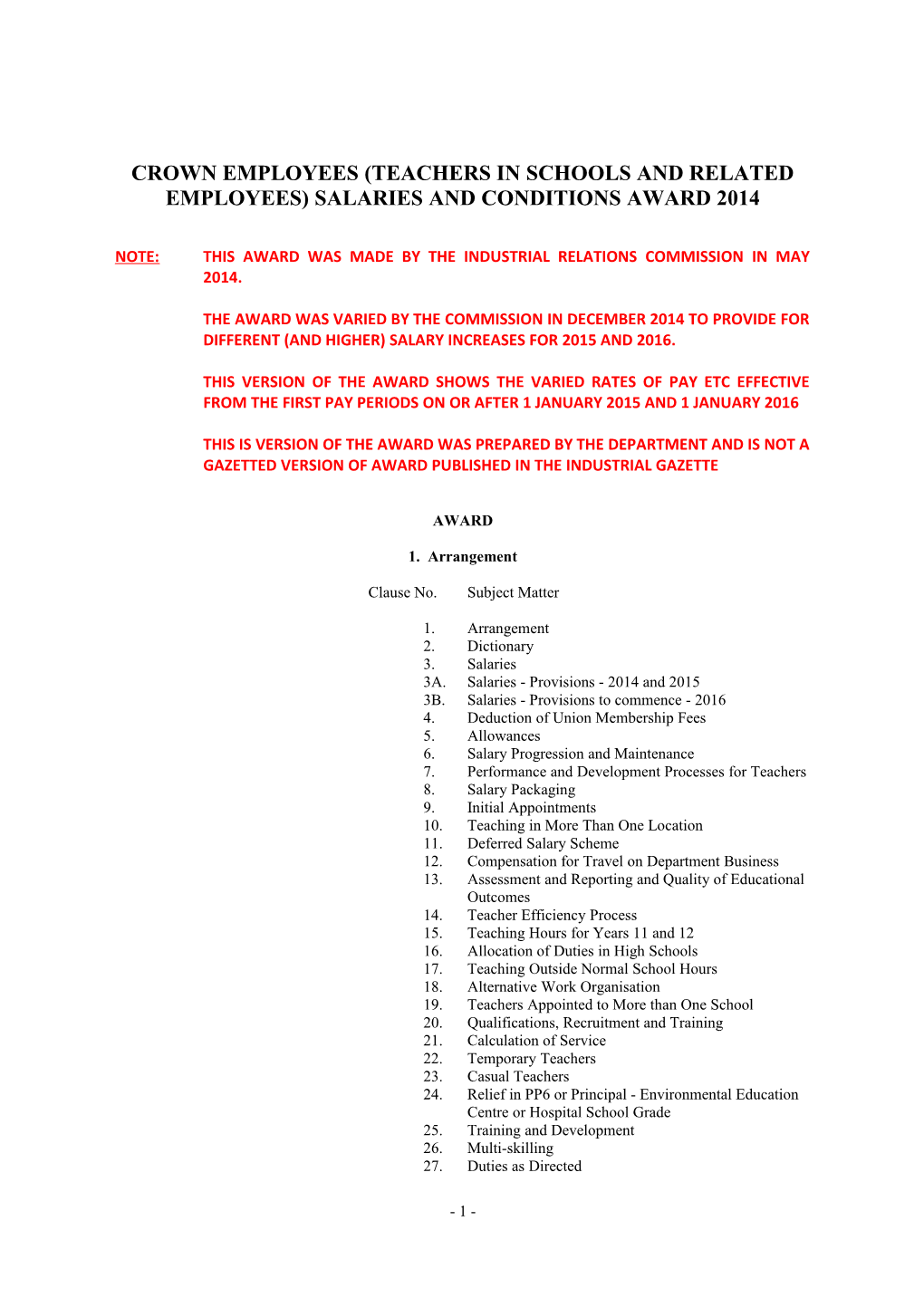 Crown Employees (Teachers in Schools and Related Employees) Salaries and Conditions Award 2014