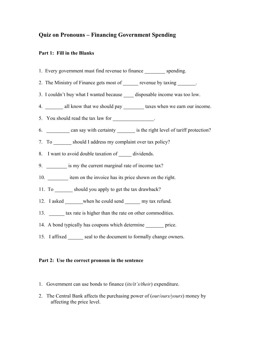 Quiz on Nouns the Economic Role of Government s1