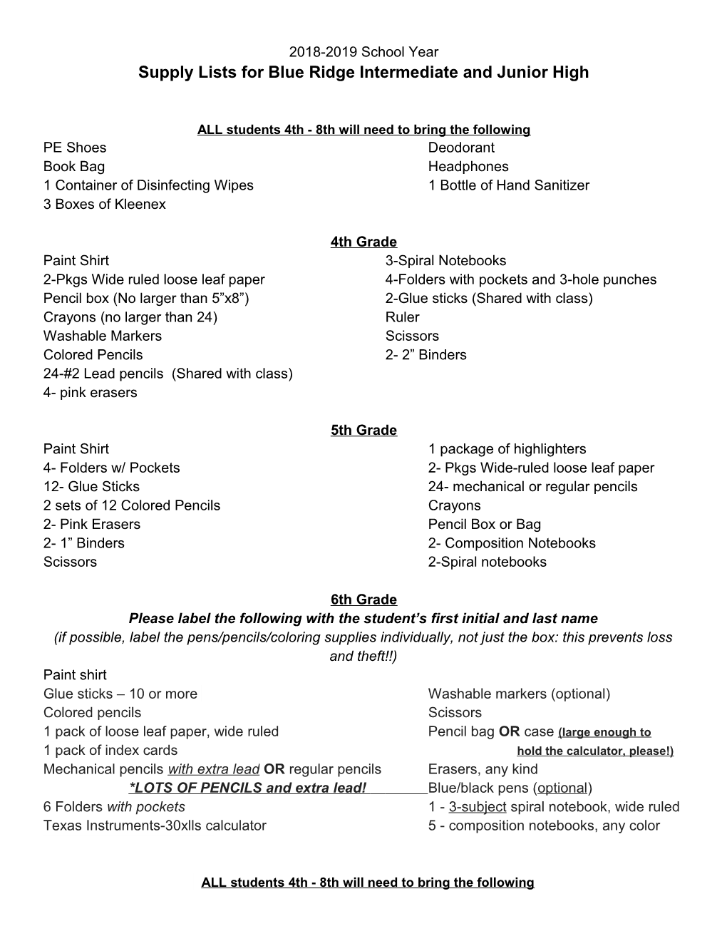 Supply Lists for Blue Ridge Intermediate and Junior High