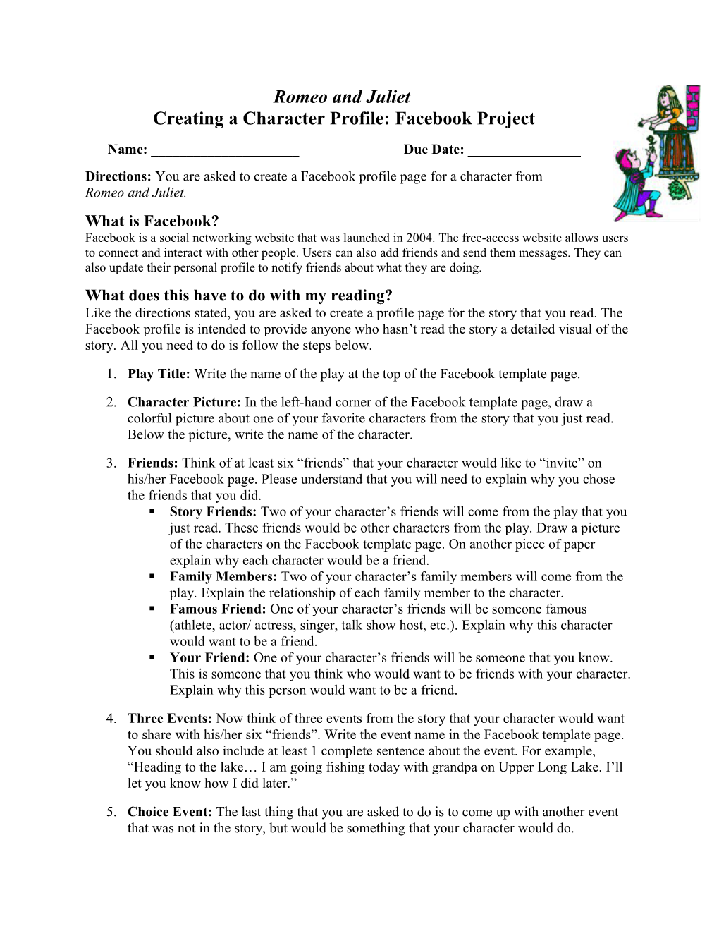 Creating a Character Profile: Facebook Project