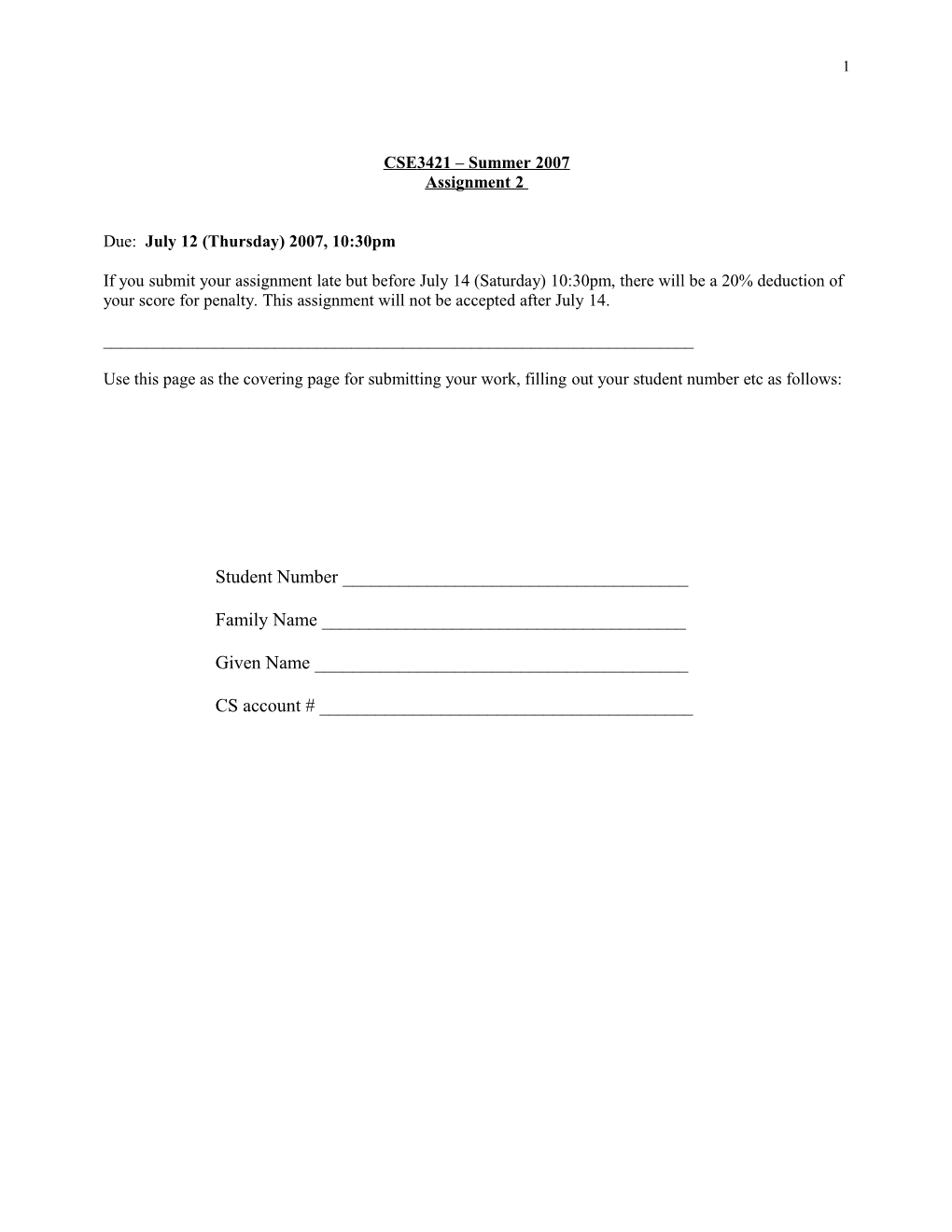 Use This Page As the Covering Page for Submitting Your Work, Filling out Your Student Number