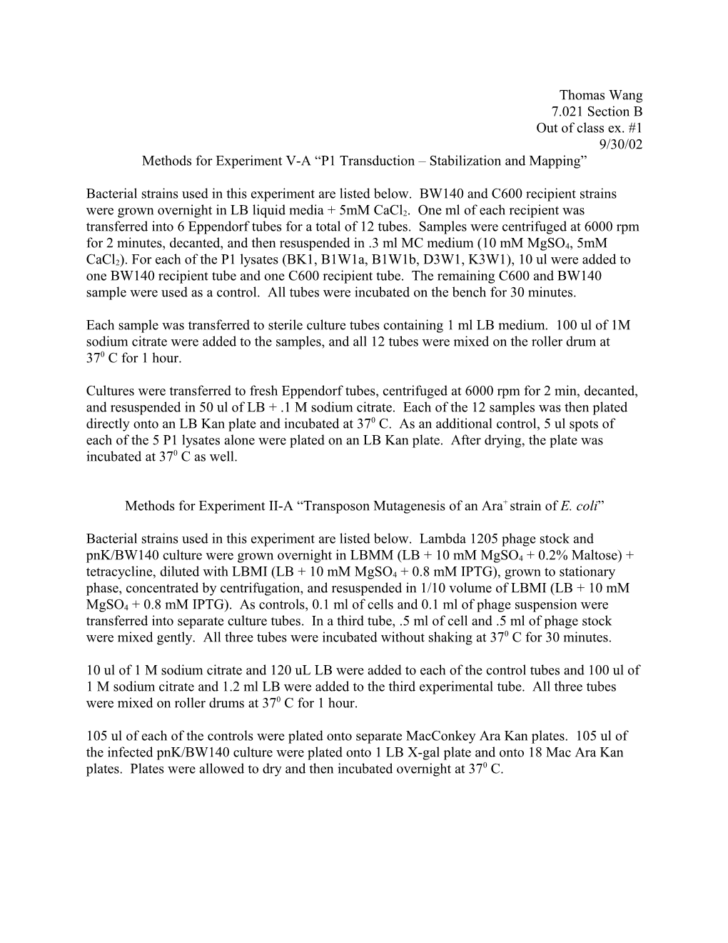 Methods for Experiment V-A P1 Transduction Stabilization and Mapping