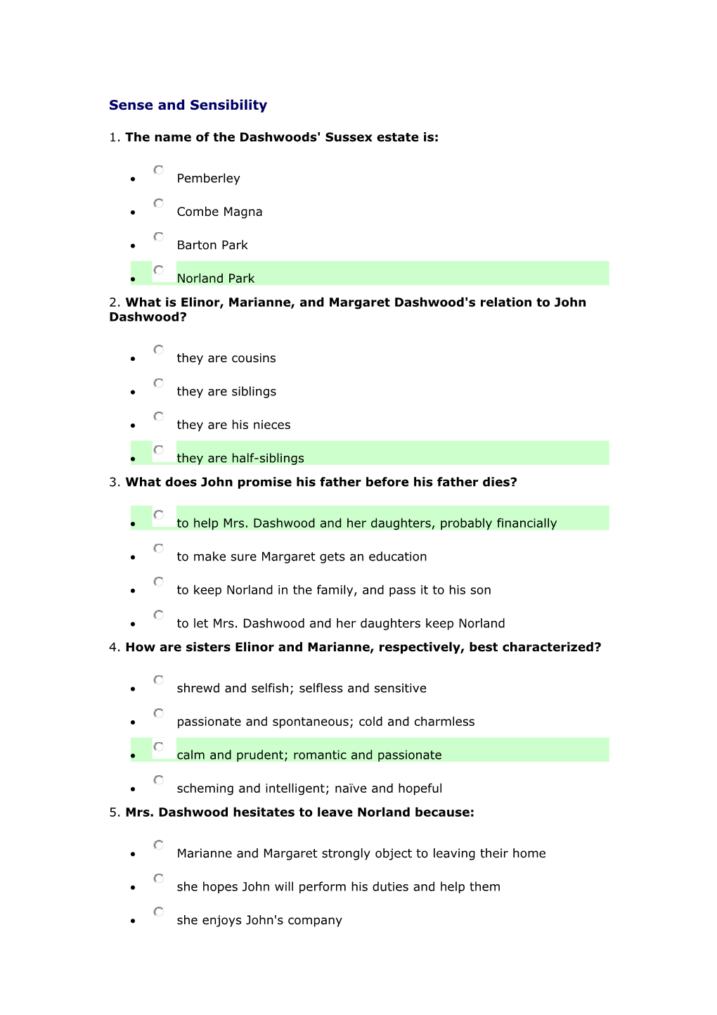 Sense and Sensibility Quiz 1