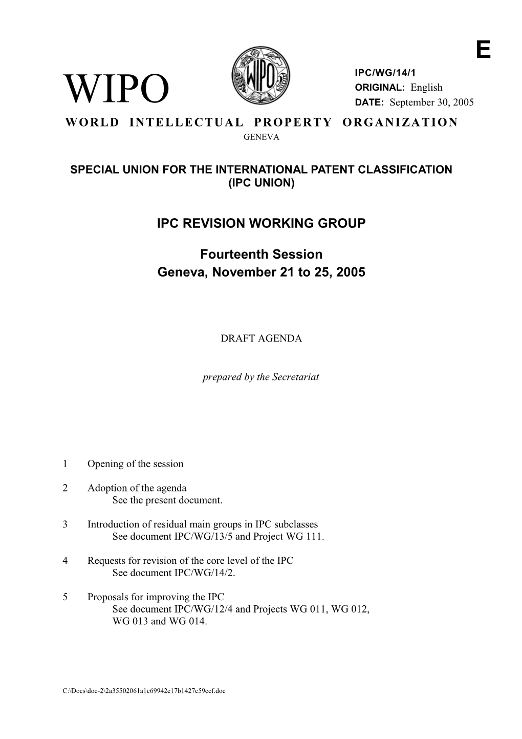 IPC/WG/14/1: Draft Agenda