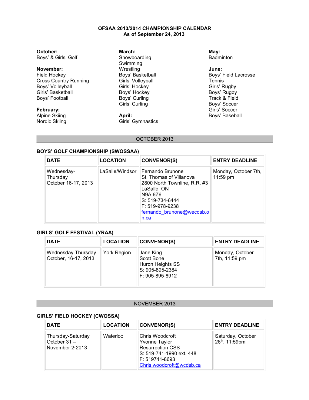 Ofsaa 2013/2014 Championship Calendar