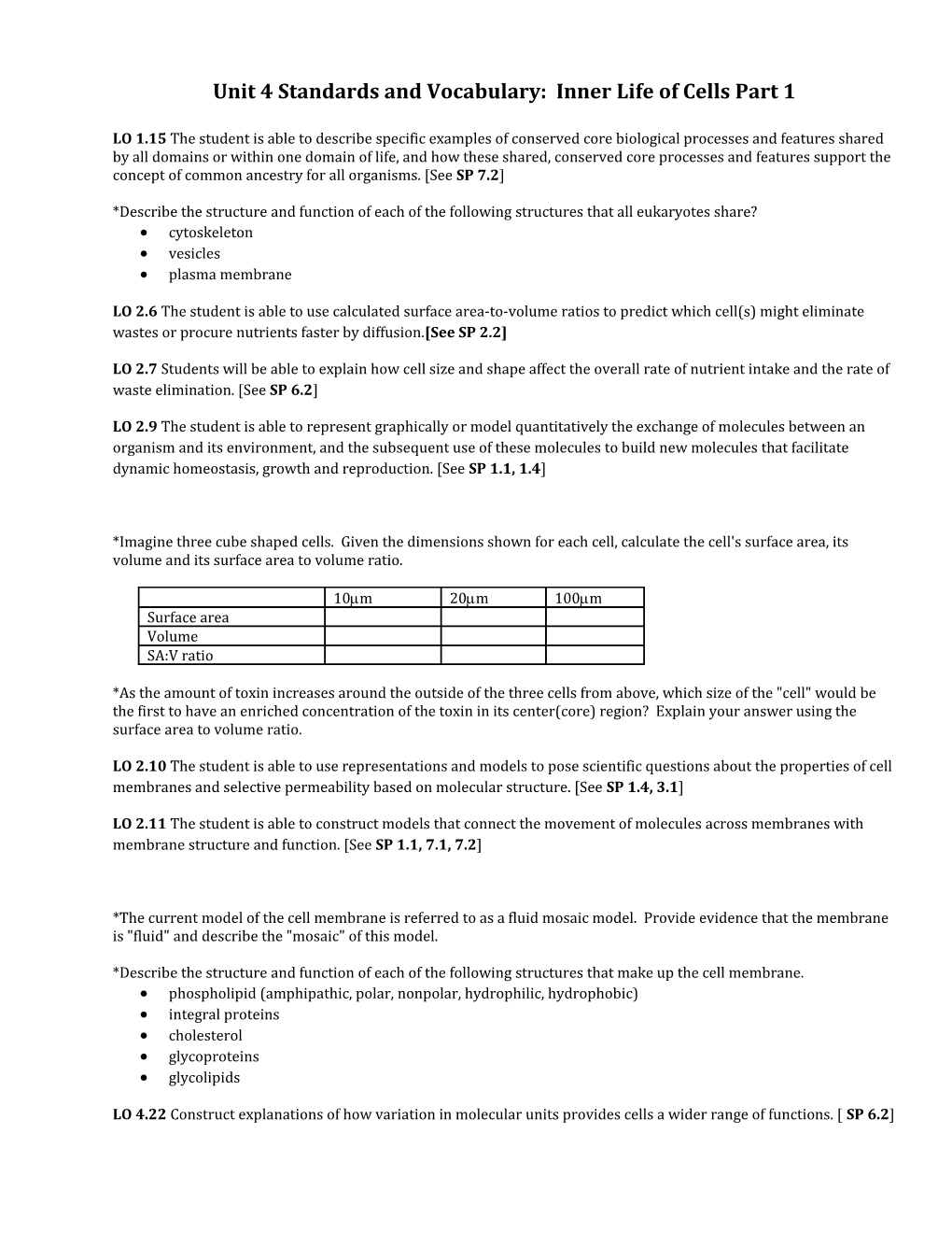 Unit 4 Standards and Vocabulary: Inner Life of Cells Part 1