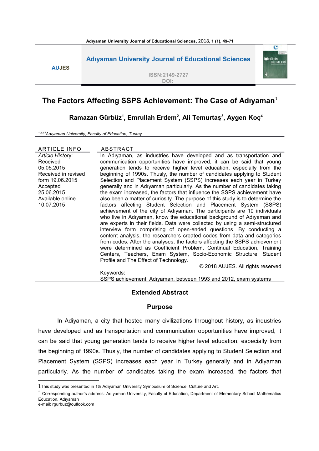 Adıyaman University Journal of Educational Sciences, 2015,5 (1), 49-71