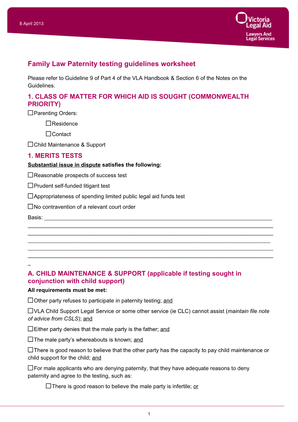 Family Law Paternity Testing Guidelines Worksheet