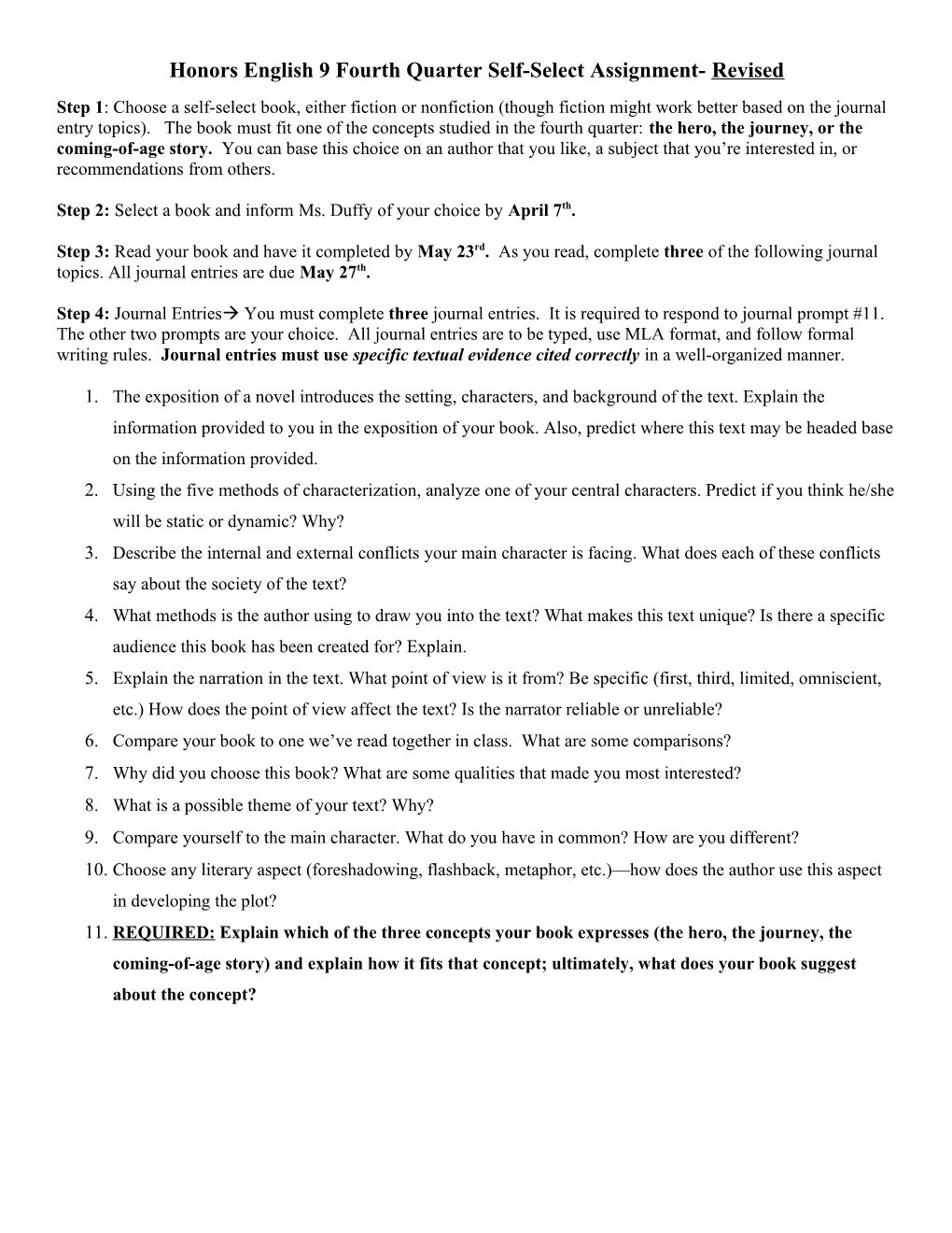 Honors English 9 Fourth Quarter Self-Select Assignment- Revised