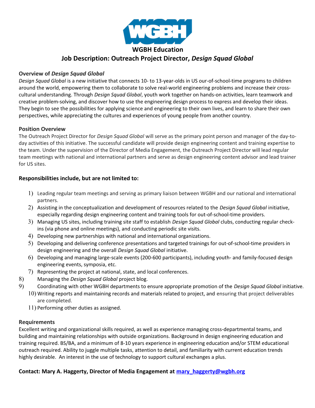 Job Description: Outreach Project Director, Design Squad Global