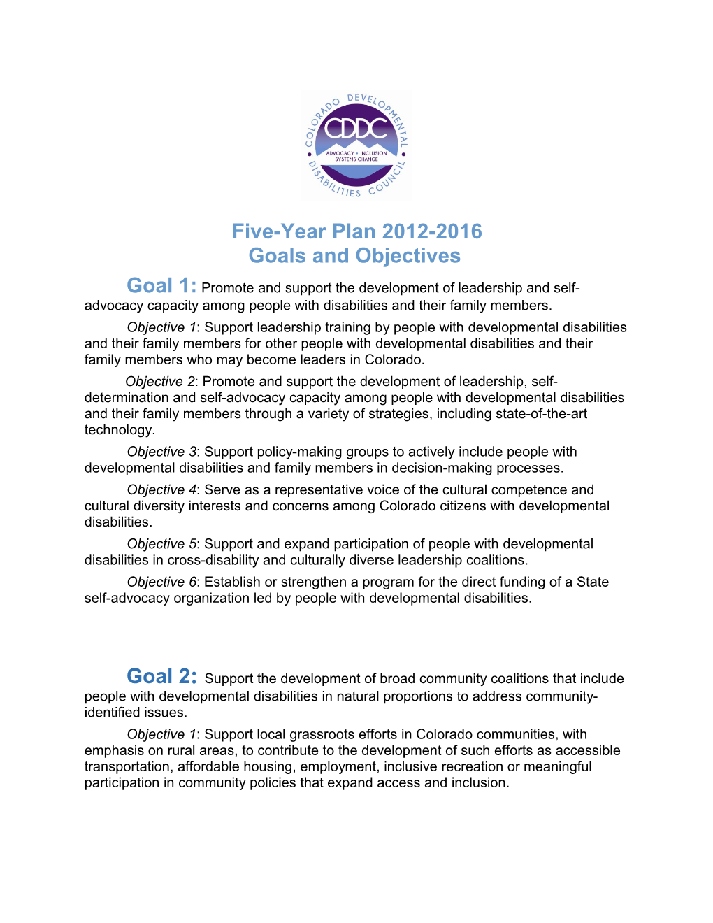 Five-Year Plan2012-2016 Goals and Objectives