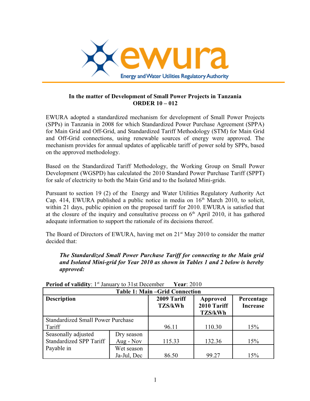 In the Matter of Development of Small Power Projects in Tanzania