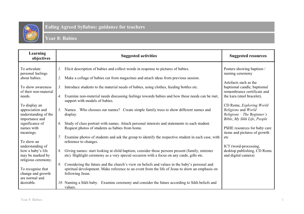 Ealing Agreed Syllbus Schedule for Guidance for Teacher