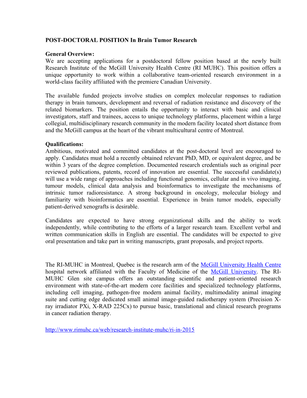 POST-DOCTORAL POSITION in Brain Tumor Research
