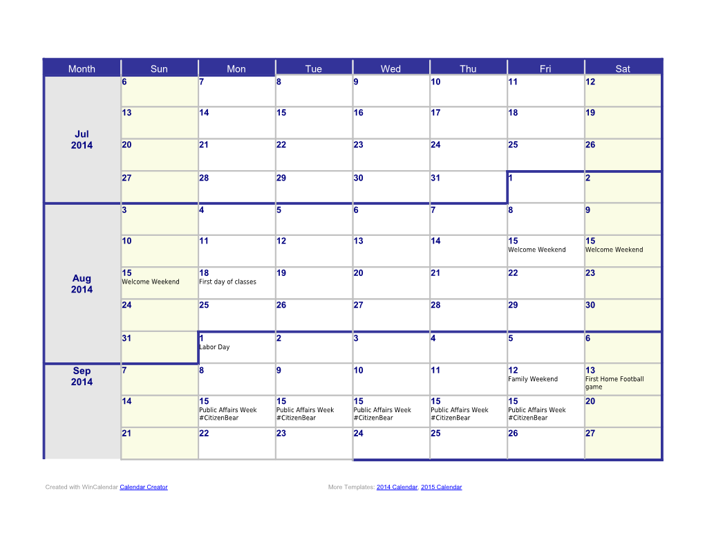 2014 Weekly Calendar Template