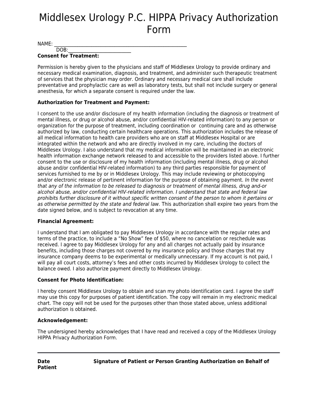 Middlesex Urology P.C. HIPPA Privacy Authorization Form