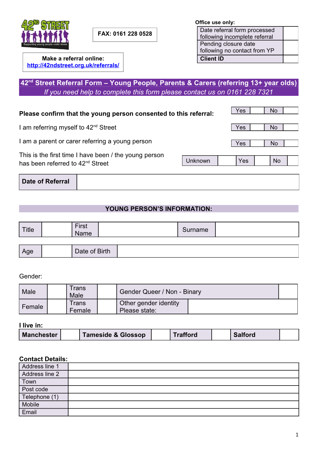 42Nd Street Referral Form Young People, Parents & Carers (Referring 13+ Year Olds)