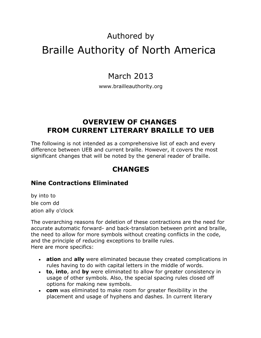 Overview of Changes from Current Literary Braille to Unified English Braille