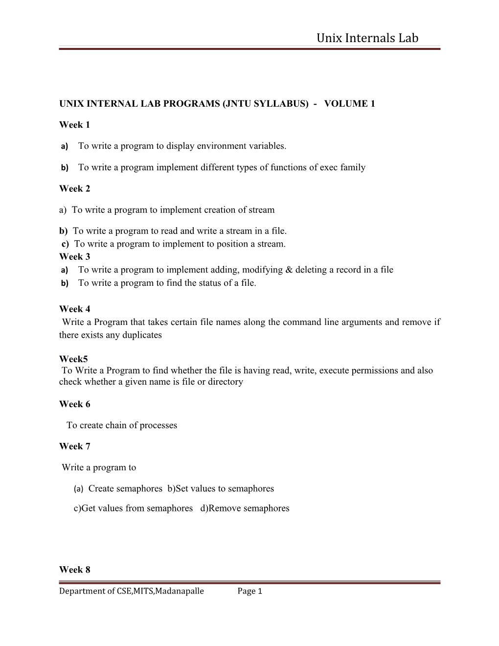 Unix Internal Lab Programs (Jntu Syllabus) - Volume 1