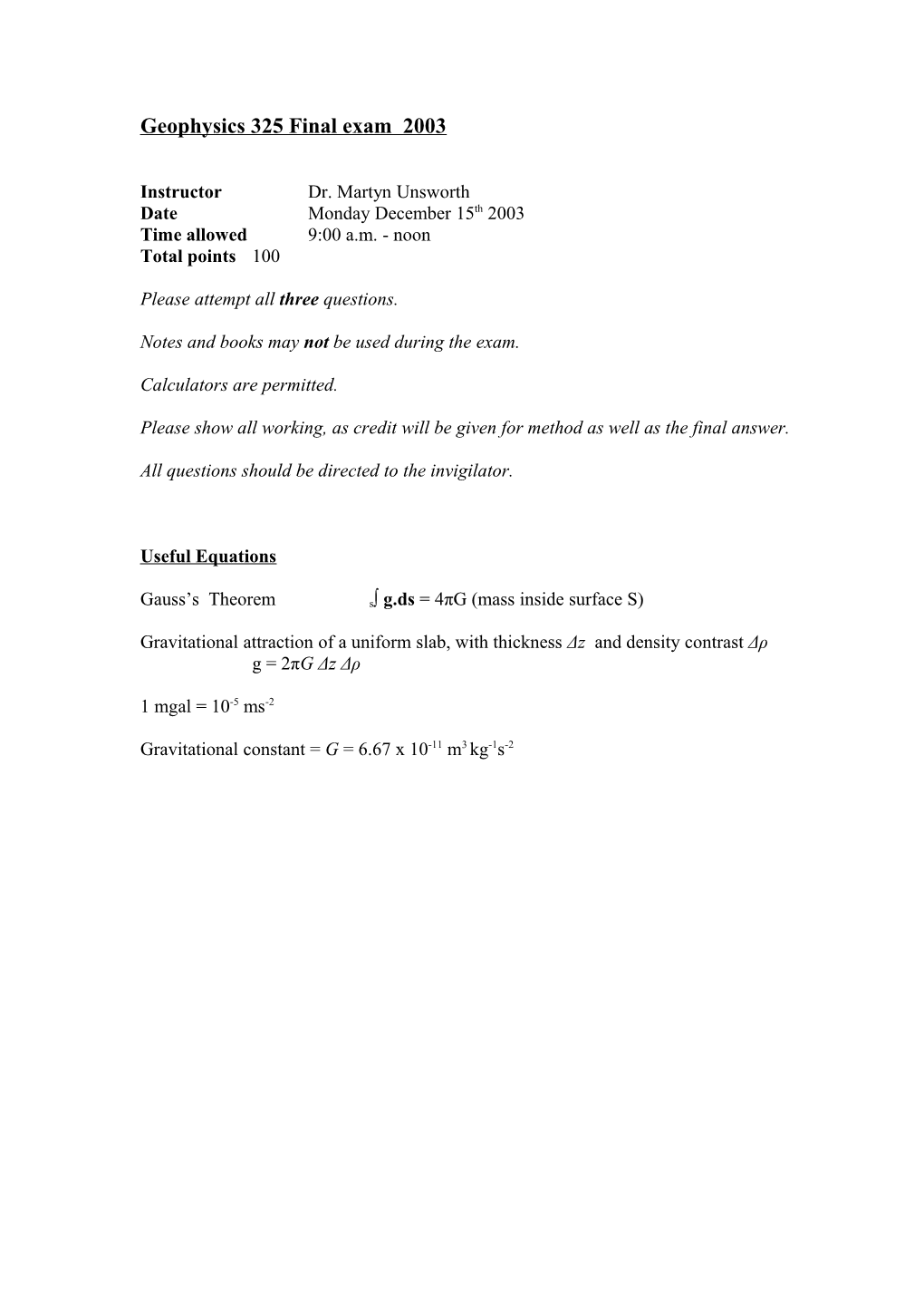 Geophysics 325 Final Exam 2003