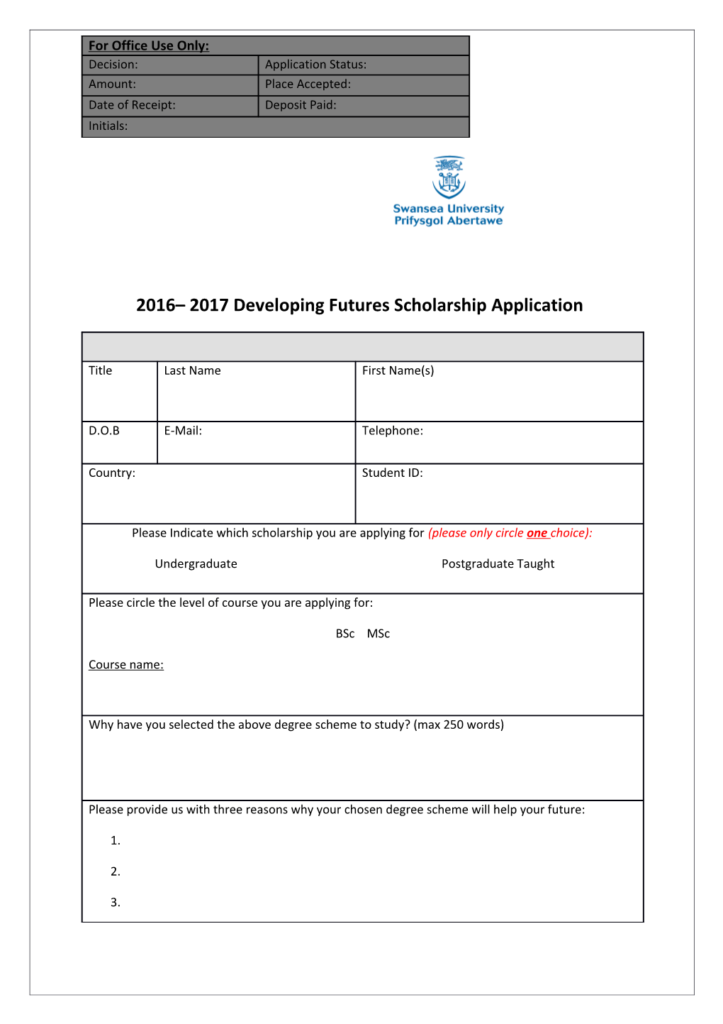 2016 2017Developing Futures Scholarship Application