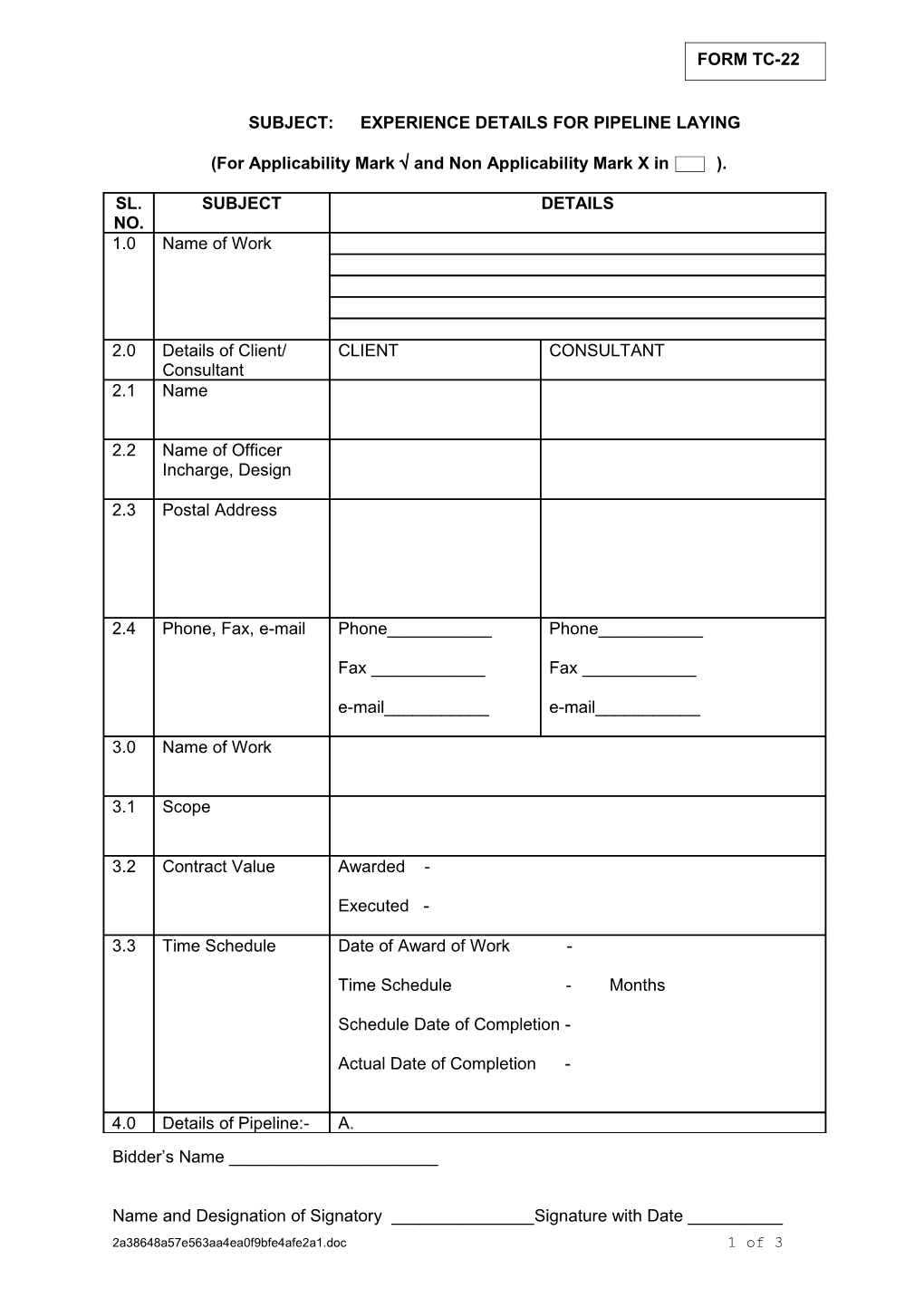 Subject: Experience Details for Pipeline Laying