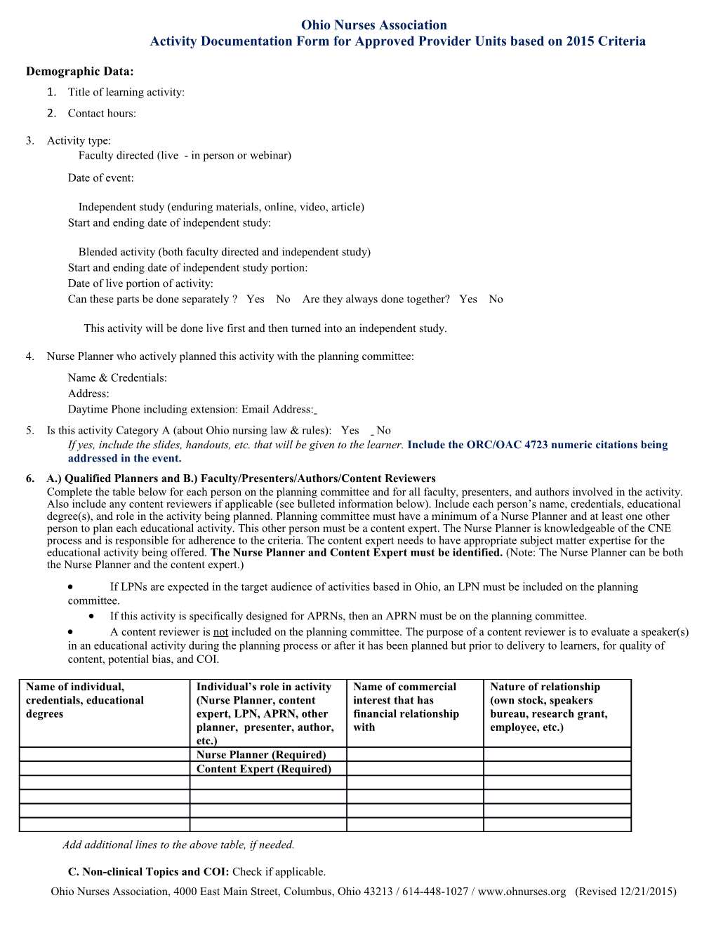 Activity Documentation Form for Approved Provider Units Based on 2015 Criteria