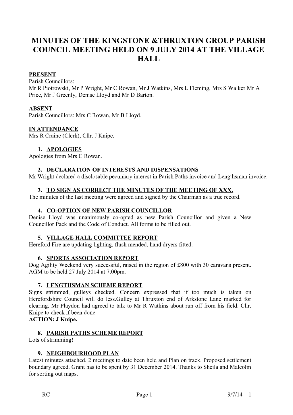 Minutes of the Kingstone &Thruxton Group Parish Council Meeting Held on 21 August 2013
