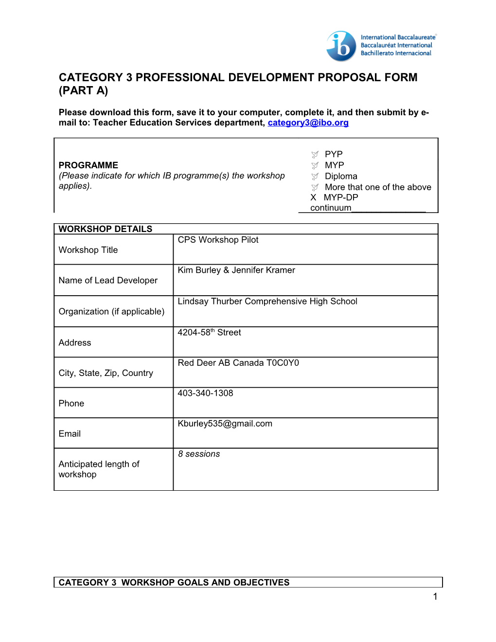 Category 3 Professional Development Proposal Form (Part A)